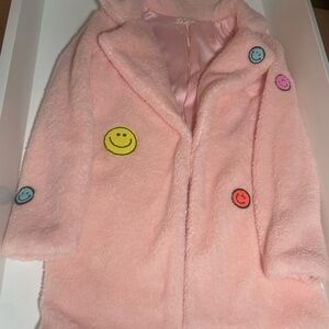 Sara Sara Pink Plush Chic Coat with Smiley Patches and Sequin “Happy”